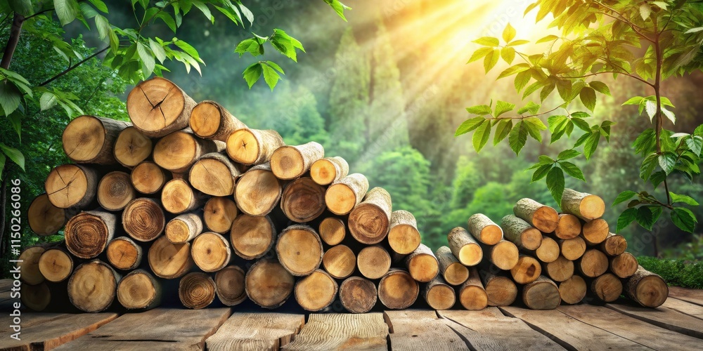 Aufkleber stack of neatly arranged wood logs on a rustic wooden surface, bathed in warm sunlight, framed by lu