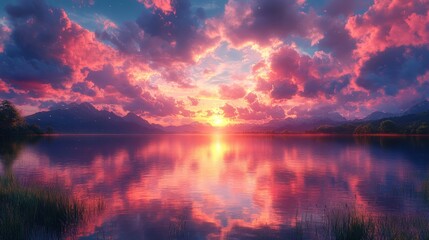 Fototapeta premium Pink sunset reflects on calm lake, mountains.
