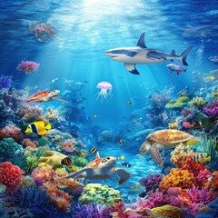 Fototapeta premium Vibrant coral reef teeming with diverse marine life, including sharks, turtles, jellyfish, and colorful fish.