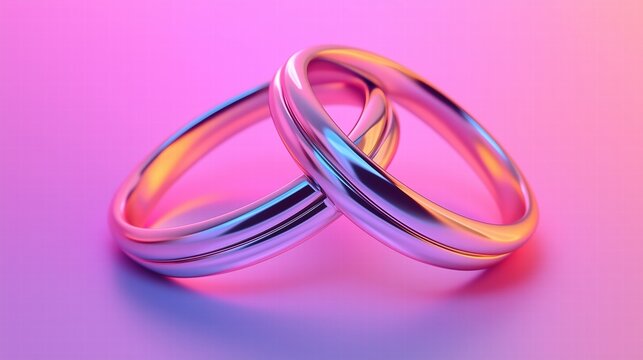 Two interlocking wedding rings on vibrant pink background. marriage and unity