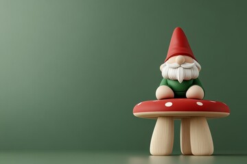 A conceptual minimalist depiction of a gnome sitting on a toadstool, using clean lines and a soft palette of red, green, and white tones