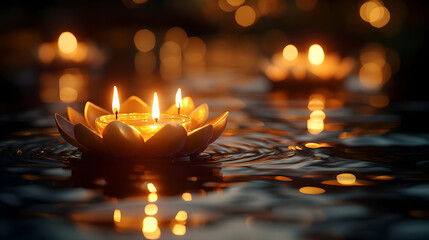 Oil Lamps Floating on Water with Golden Bokeh Background for Makar Sankranti - Space for Branding