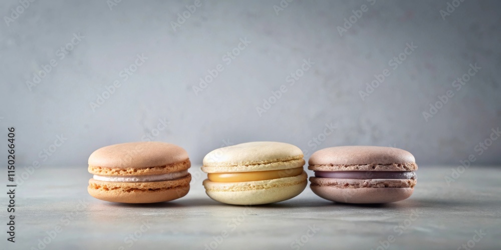 Poster Three delectable macarons with creamy fillings rest on a smooth surface against a neutral backdrop.