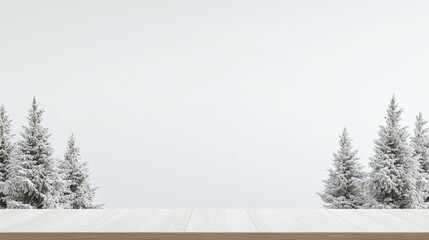 Fototapeta premium Snowy Pine Tabletop Winter Scene - Serene winter scene, snow-covered pines, minimalist aesthetic, blank space, winter holiday concept.