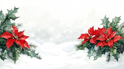 Beautiful Christmas Border Design Featuring Poinsettias and Holly Leaves Ideal for Festive Greeting Cards, Gifts, and Seasonal Decorations
