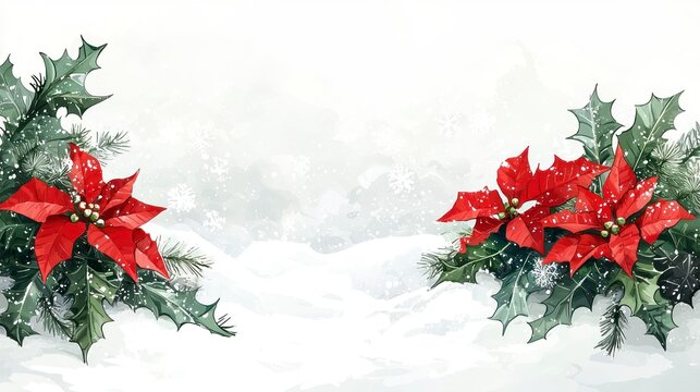 Beautiful Christmas Border Design Featuring Poinsettias and Holly Leaves Ideal for Festive Greeting Cards, Gifts, and Seasonal Decorations