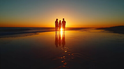 Fototapeta premium Family Silhouette on Beach at Sunrise with Plain Background for Branding and Emotional Connection