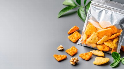 Close-up of a premium food packaging mock-up, with a metallic finish, featuring gourmet snacks, balanced composition with ample space for text,
