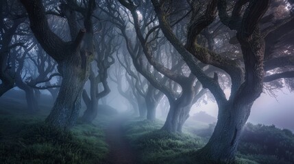 Serene mist covered forest at dawn with fog cloaked trees creating a dreamlike atmosphere