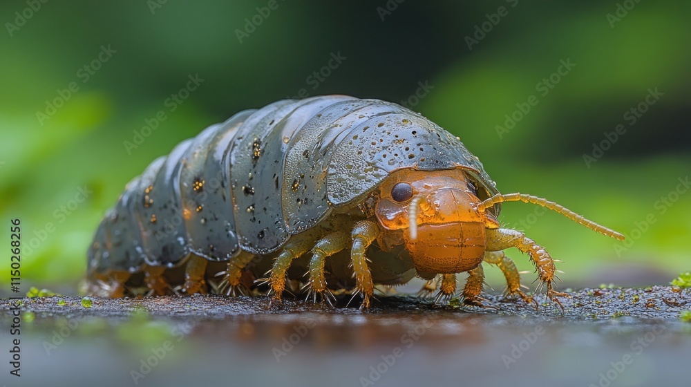 Aufkleber close-up of a large pillbug crawling on a damp surface.