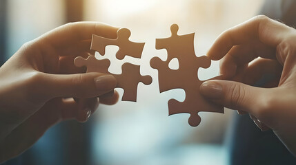 Team Collaboration Close Up Hands Fitting Puzzle Pieces Natural Lighting Copy Space Right
