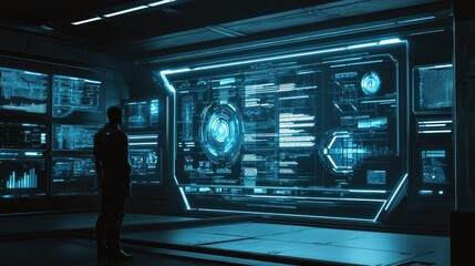 Obraz premium Floating holographic interfaces in a dark room