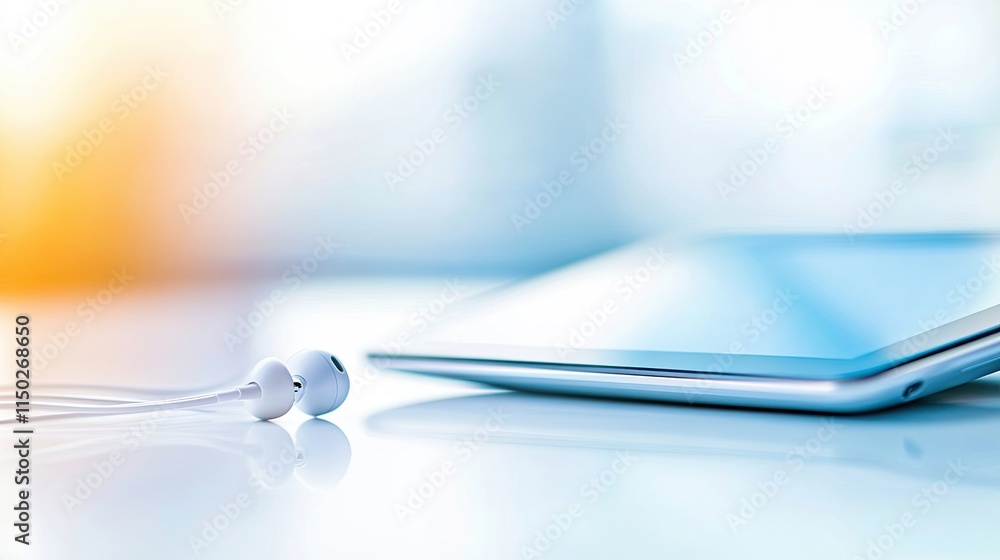 Aufkleber Close up View of an E Reader and Simple Earbuds Resting on a Clean, Minimalistic Surface