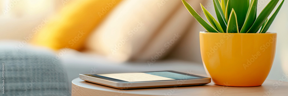 Poster discovering a new world through an e-reader on a cozy bedside table in natural light