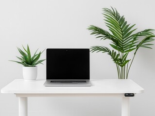 Fototapeta premium Calm office scene with standing desk and natural light, wellnessoriented workplace, organic design