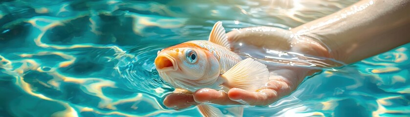 A person gently holds a goldfish in hand, shimmering in water.