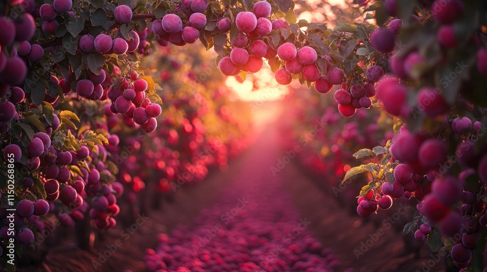 Poster sunset view through rows of plum trees laden with ripe fruit.