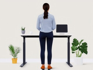Employee standing at adjustable desk, ergonomic focus, wellnessoriented office space, simple decor