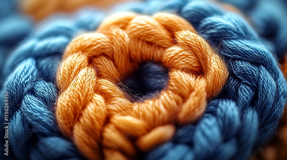 Poster macro close-up of blue and orange wool crochet pattern with twisted textures : generative ai