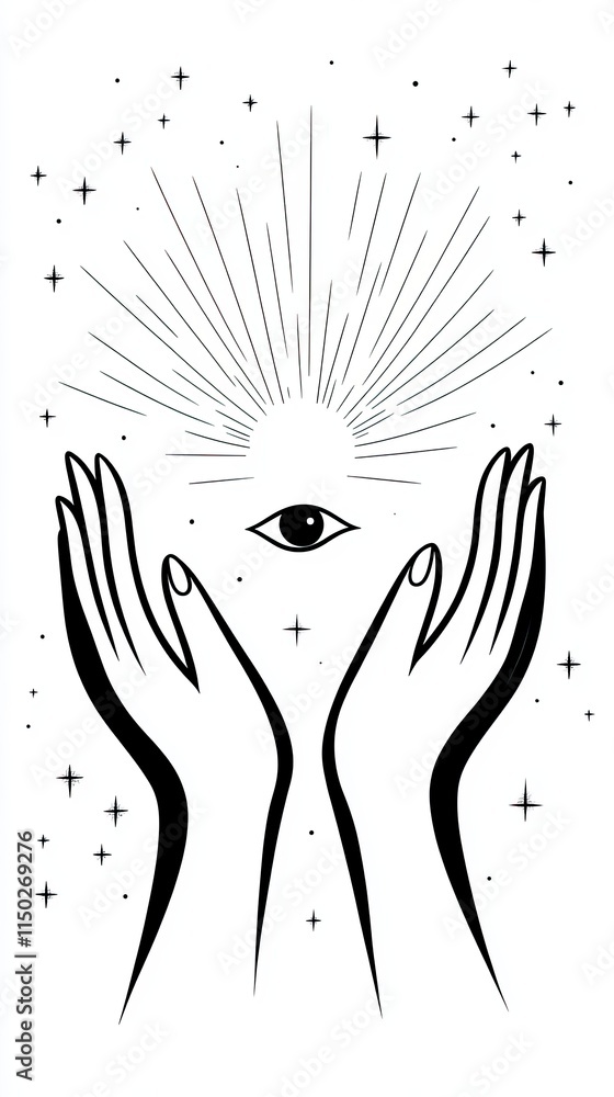 Poster Mystical Hands Cradle an Eye With Cosmic Rays Radiating From Behind in a Celestial Design
