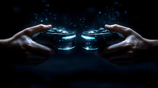 Macro of Two Hands Connecting Virtual Reality Controllers concept as A close up macro shot showing two hands reaching out to connect virtual reality controllers highlighting the feeling of personal co