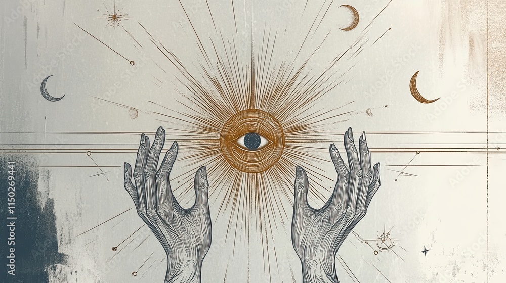 Poster hands reaching for enlightenment with an eye and sun on a clean background
