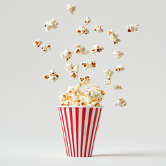 Delicious popcorn flying out of a red-white striped paper cup, cut out on white background.