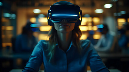 Project Managers Overseeing Virtual Teams in VR Headsets: Innovative Remote Collaboration Concept