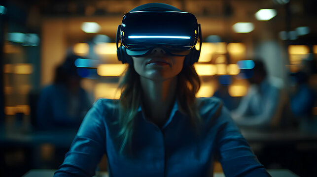 Project Managers Overseeing Virtual Teams in VR Headsets: Innovative Remote Collaboration Concept