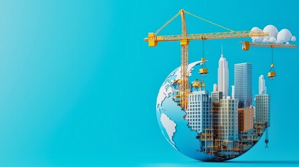 Obraz premium 3D globe with floating cranes and skyscrapers under construction