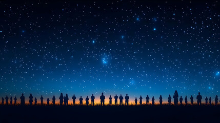 Fototapeta premium Silhouettes of People Praying Under Starry Night Sky Glossy Background with Copy Space for Spiritual Themes