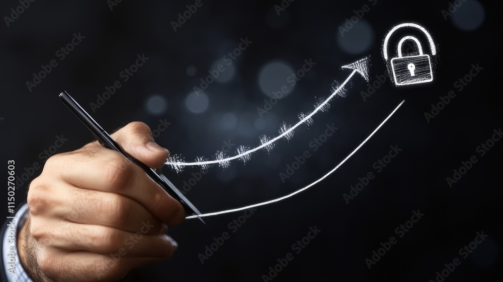 Poster hand drawing a secure growth graph with an upward trend and a lock symbol representing data protecti