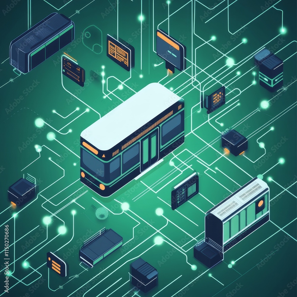 Poster digital bus network visualization illustrating transportation systems with interconnected routing an