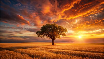 Fototapeta premium Solitary Tree in Golden Wheat Field at Sunset with Dramatic Sky