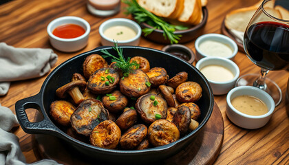 Delicious roasted mushrooms served in a cast iron skillet, surrounded by various dipping sauces and accompanied by a glass of red wine. Perfect for a cozy meal or social dining atmosphere.

