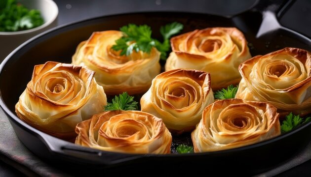Generated image Baked filo pastry roses with fresh parsley garnish, creating a golden, flaky