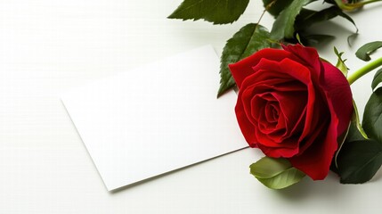 A single red rose lying on a white surface next to a blank card. love and romance. copy space