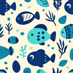 A seamless underwater-themed pattern featuring hand-drawn fish, seashells, and coral in soft blues and greens, evoking a tranquil and coastal vibe. 