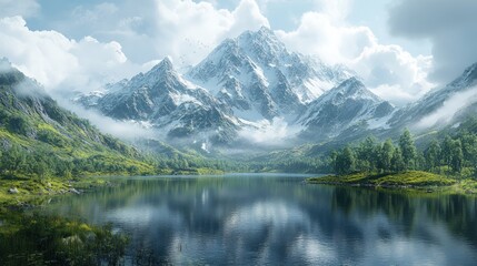 Serene lake reflecting snow-capped mountains.