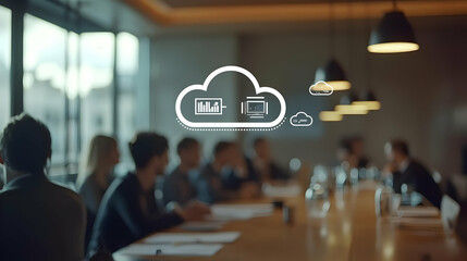 Cloud Networking Icons Overlay Business Meeting Abstract Image with Copy Space for Branding
