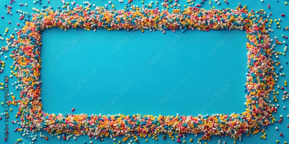 Poster Colorful sprinkles form a rectangular frame on a bright blue background, perfect for adding text or a message.
