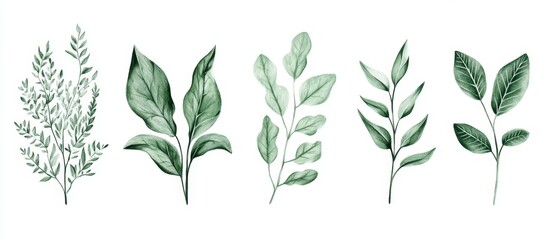 Green plant and leafs pattern. Pencil, hand drawn natural illustration. Simple organic plants design. Botany vintage graphic art.