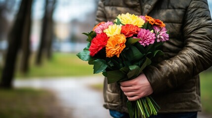 Man holding a bouquet of colorful flowers on a blurry outdoor background. gift or celebration