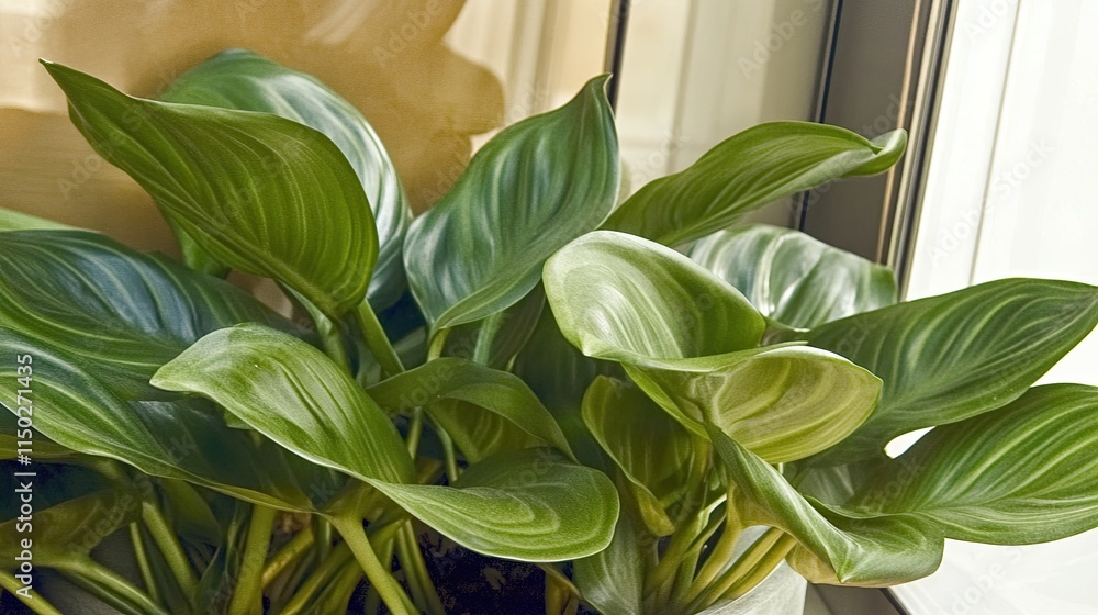 Poster exploring the beauty of indoor plants with unique leaf patterns in a cozy setting