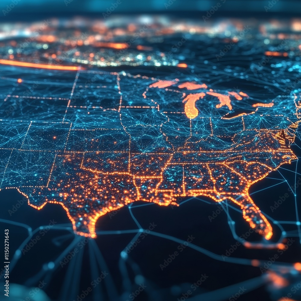 Poster visual representation of a digital map highlighting data connections across the eastern united state