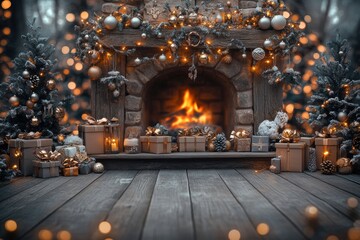 Cozy Christmas Fireplace Scene with Gifts and Decor