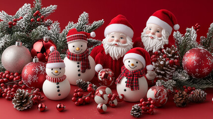 Festive Christmas Scene with Santa Snowman and Red Ornaments on Red Background with Snowflakes and Holiday Decorations