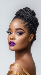 Stunning African Woman with Braided Hair and Bold Purple Lip Makeup