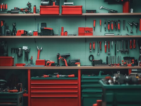 A well-organized workshop with various tools and equipment.