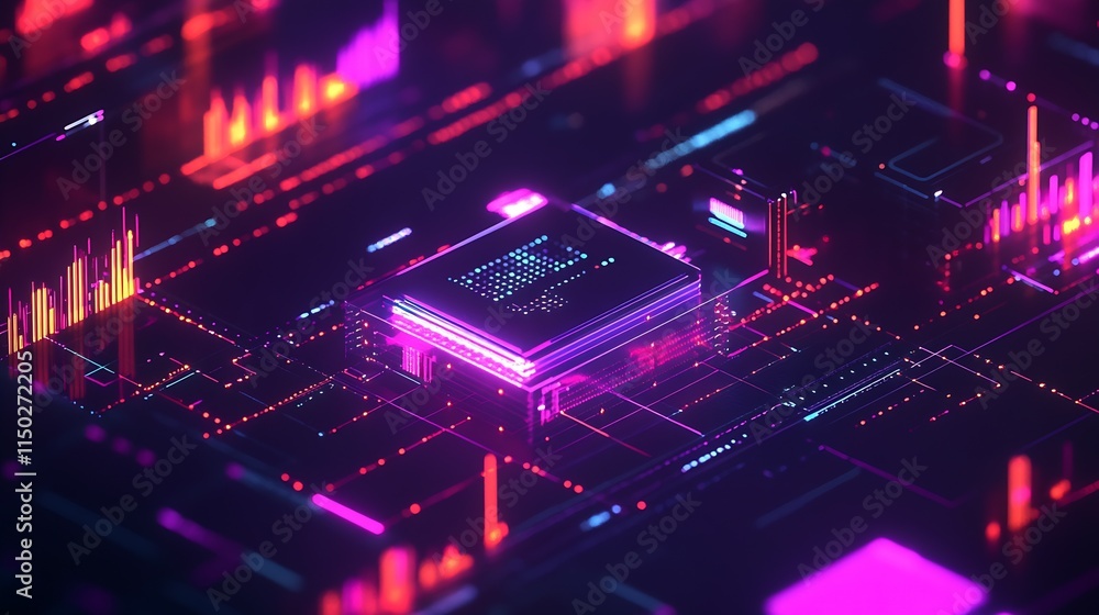 Poster Circuit Board Close Up with Futuristic Neon Lighting Representing HighTech Electronics Theme : Generative AI